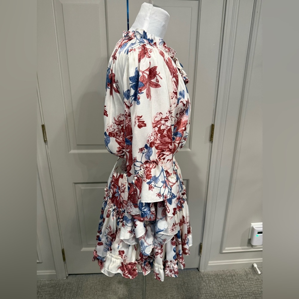 Misa Los Angeles White Floral Ruffle Mini Dress with Pink & Blue - Picture 4 of 5